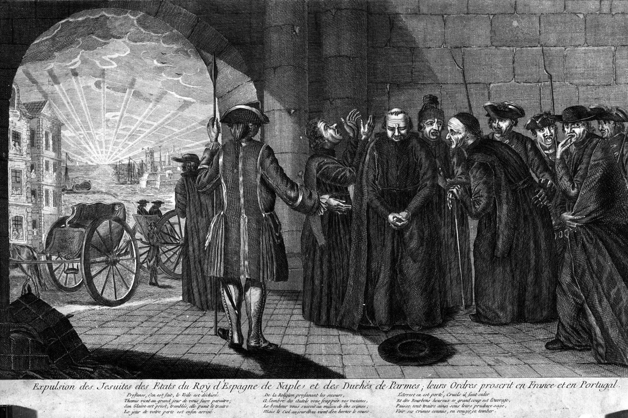 A jezsuiták deportálása 1773. 07. 21-én: Jezsuiták kiűzése a spanyol király államaiból, Nápolyból és a pármai hercegségből, rendjeik betiltása Franciaországban és Portugáliában. század elejéről származó metszet alkotó: Unknown artist