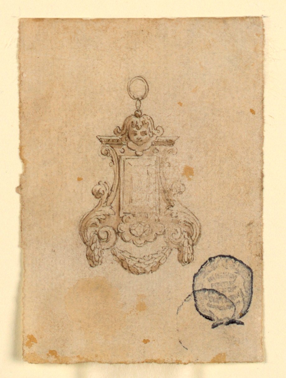 Tervezés egy medálhoz levéltekercsekkel és gyermekfejjel alkotó: Unknown artist