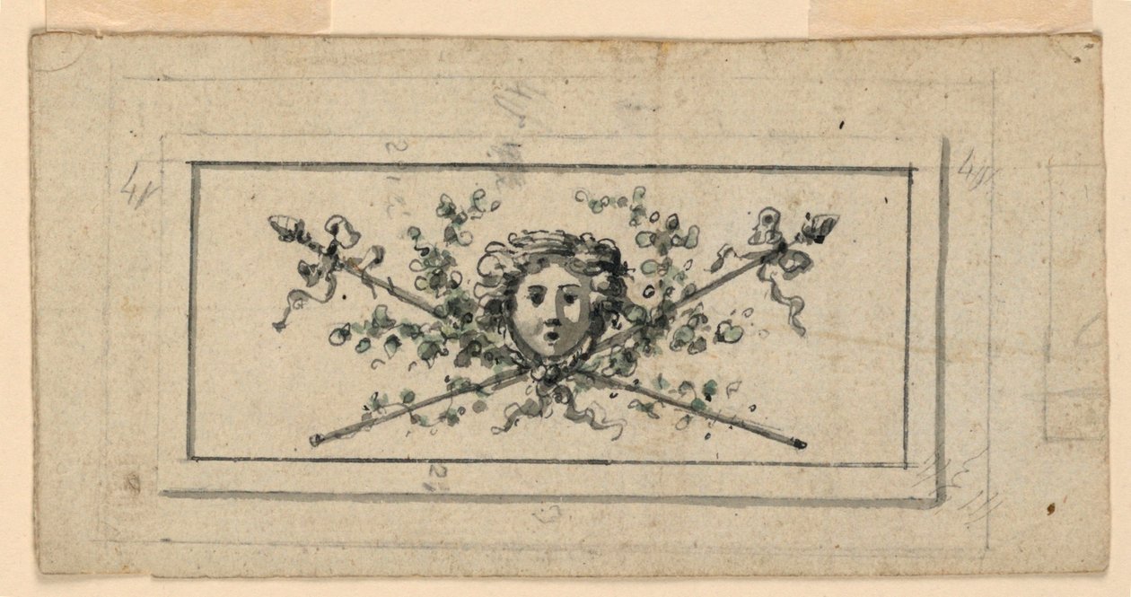 Tervezés olyan panelhez, amelynek feje két keresztezett thyrsi előtt van alkotó: Unknown artist