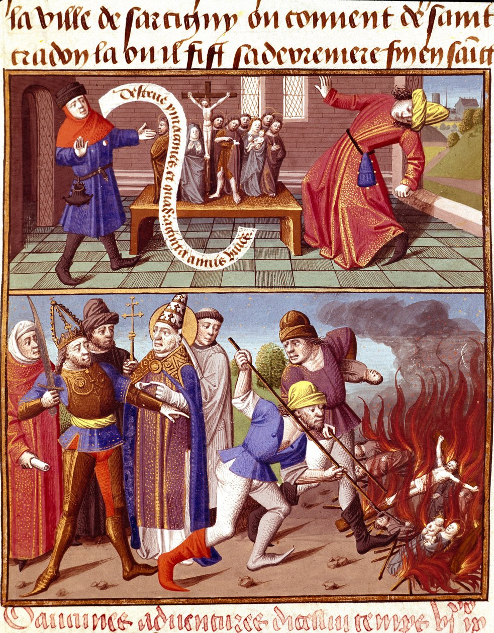 Szent tárgyak megsemmisítése és I. Nagy Gergely pápa (540-604) beavatkozása. Miniatűr a „Le miroir historial” (Speculum Historiale) (1196) című művében, Vincent de Beauvais (1190-1264) francia nyelvre fordította Jean de Vignay alkotó: Unknown artist
