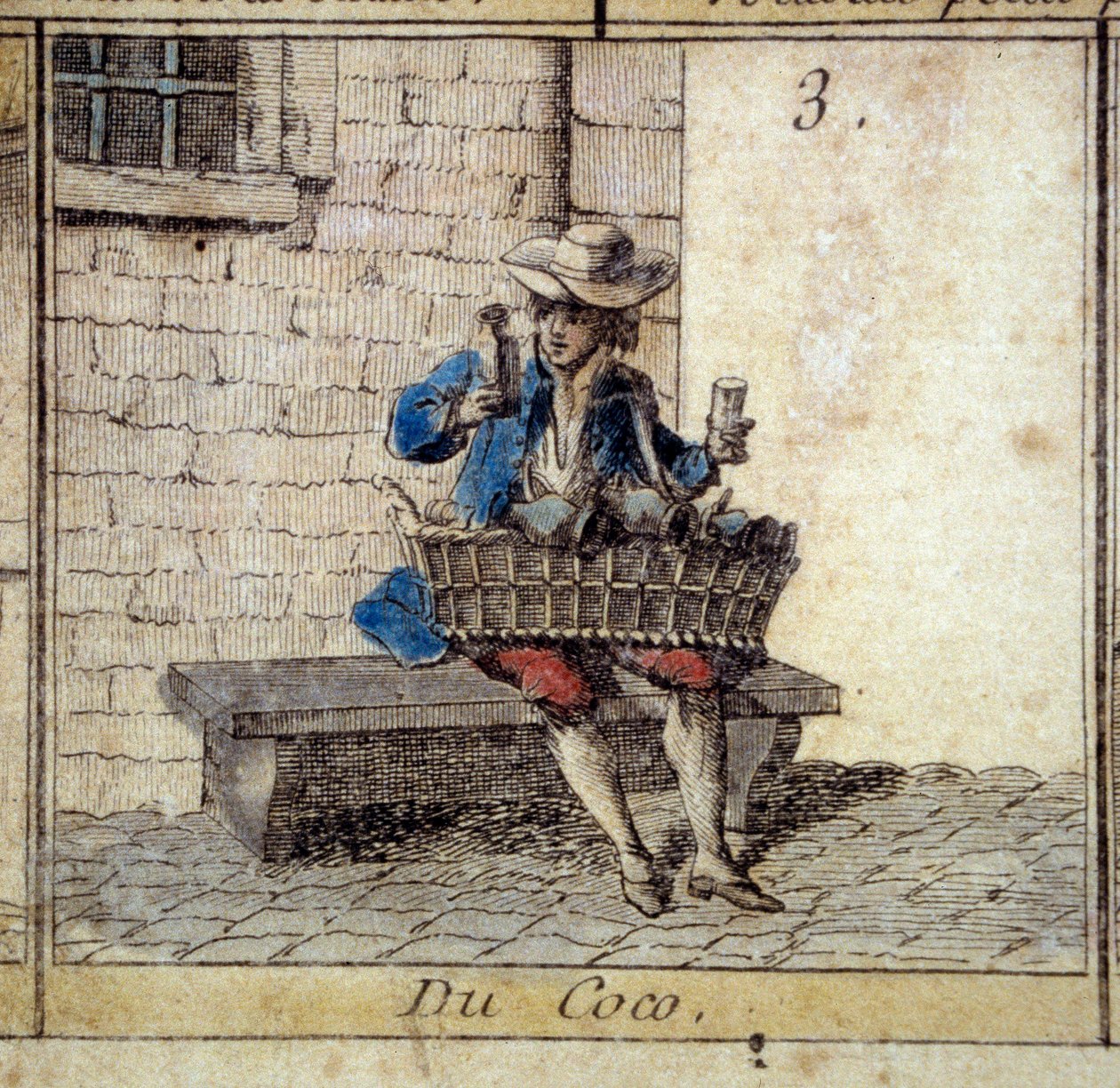 Részlet a Cree of Paris liba játékából: a kókuszkereskedő (csecsebecséket árul). 18. századi metszet. Coll. Indul. alkotó: Unknown artist