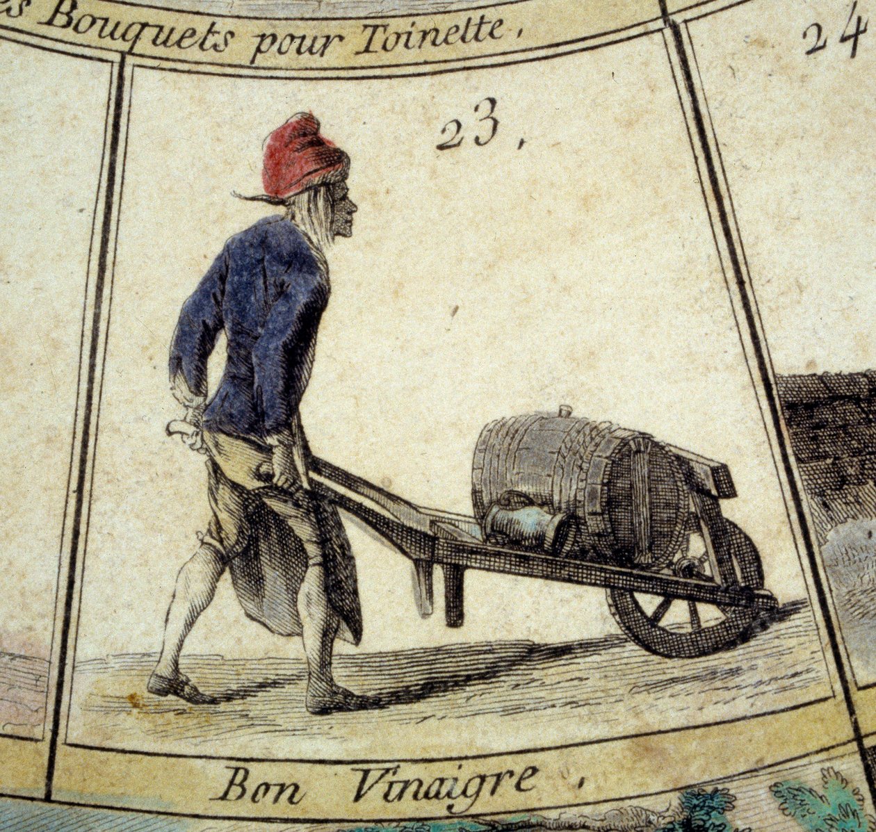 Részlet a Cree of Paris liba játékából: ecetkereskedő. 18. századi metszet. Coll. Kilépő. alkotó: Unknown artist