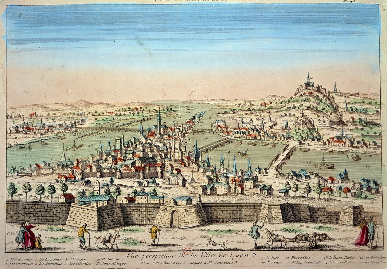 Részletes nézet Lyon városáról a Rhone és a Saone partján. Metszet a 17. századi Párizsról B.N. alkotó: Unknown artist
