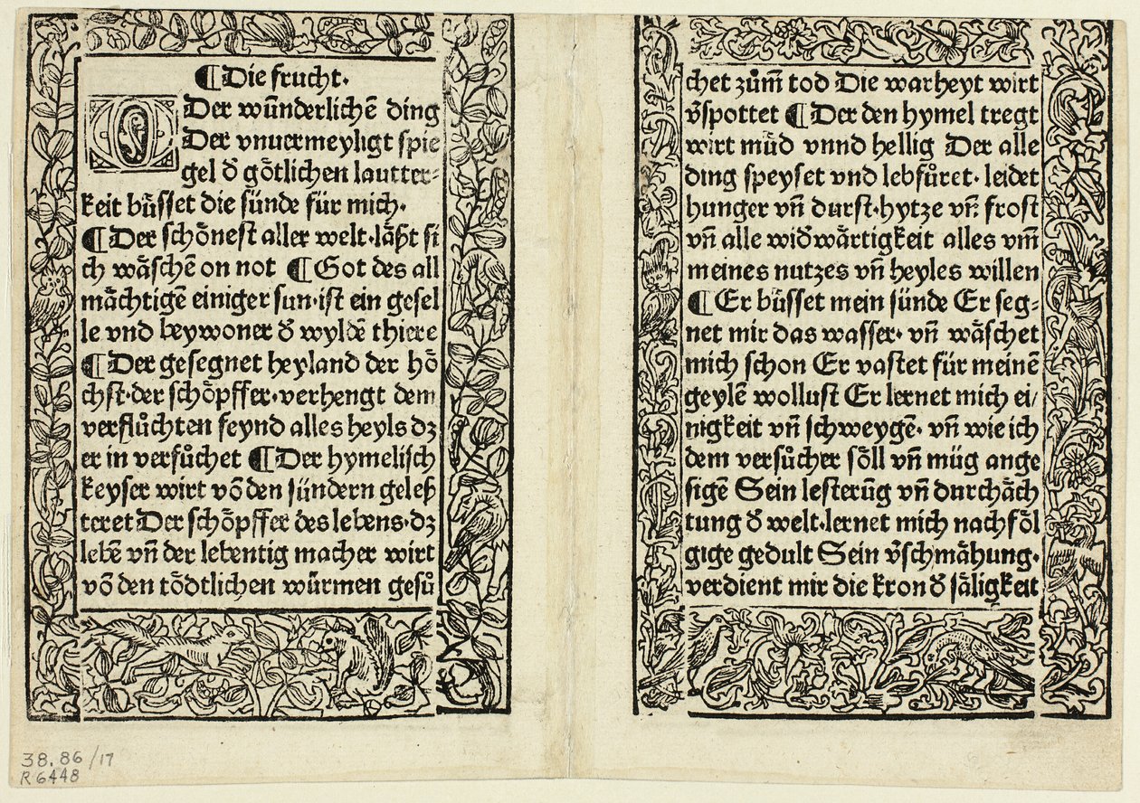 Áhítati szakaszok díszes szegéllyel a következőből: Andächtig Zeitglöcklein des Leben und Leidens Christi, 17. tábla a Woodcuts from Books of the 15th Century (Fadarabok a 15. századi könyvekből) című kötetből. alkotó: Unknown artist