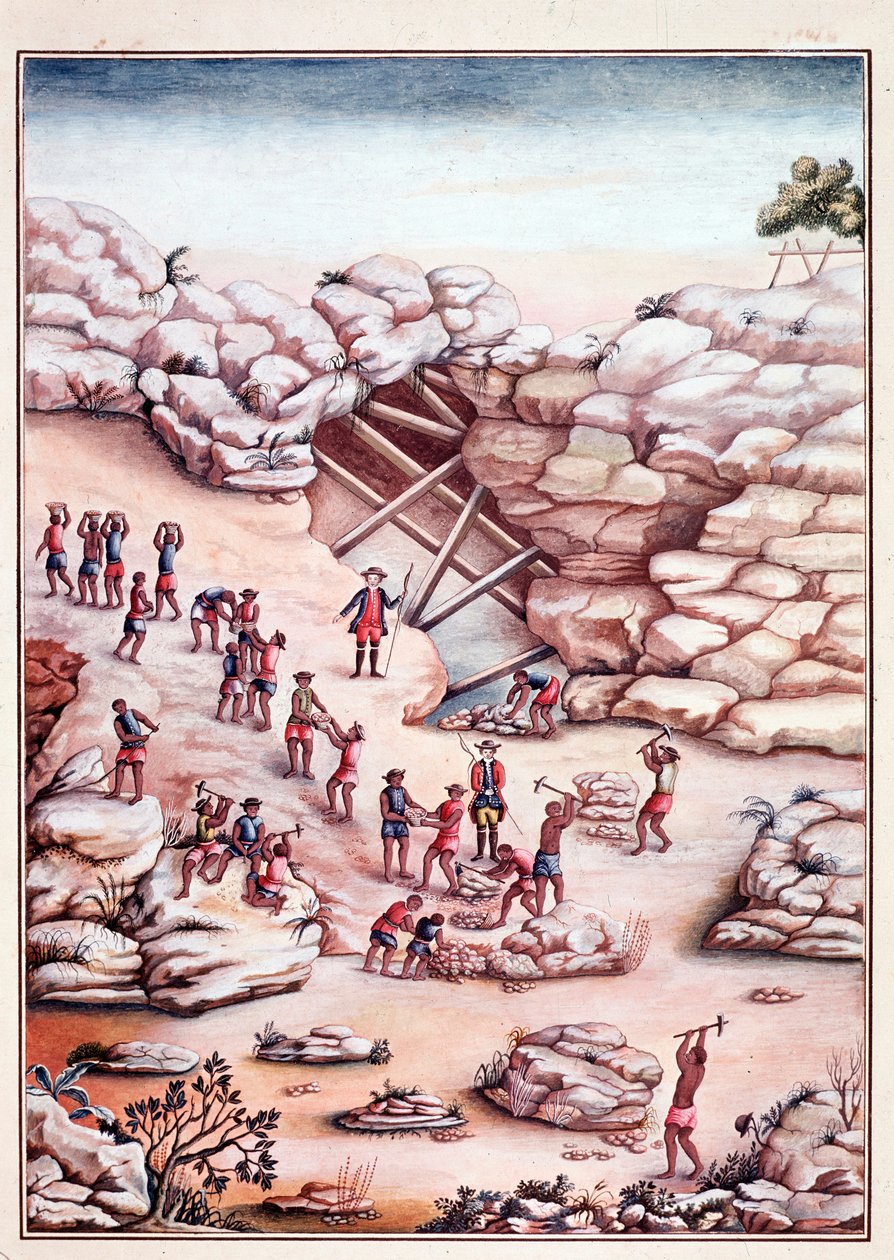 Gyémántbányászat egy brazíliai bányában. A 18. századi Rio de Janeiro akvarellje, Biblioteca Nazionale alkotó: Unknown artist
