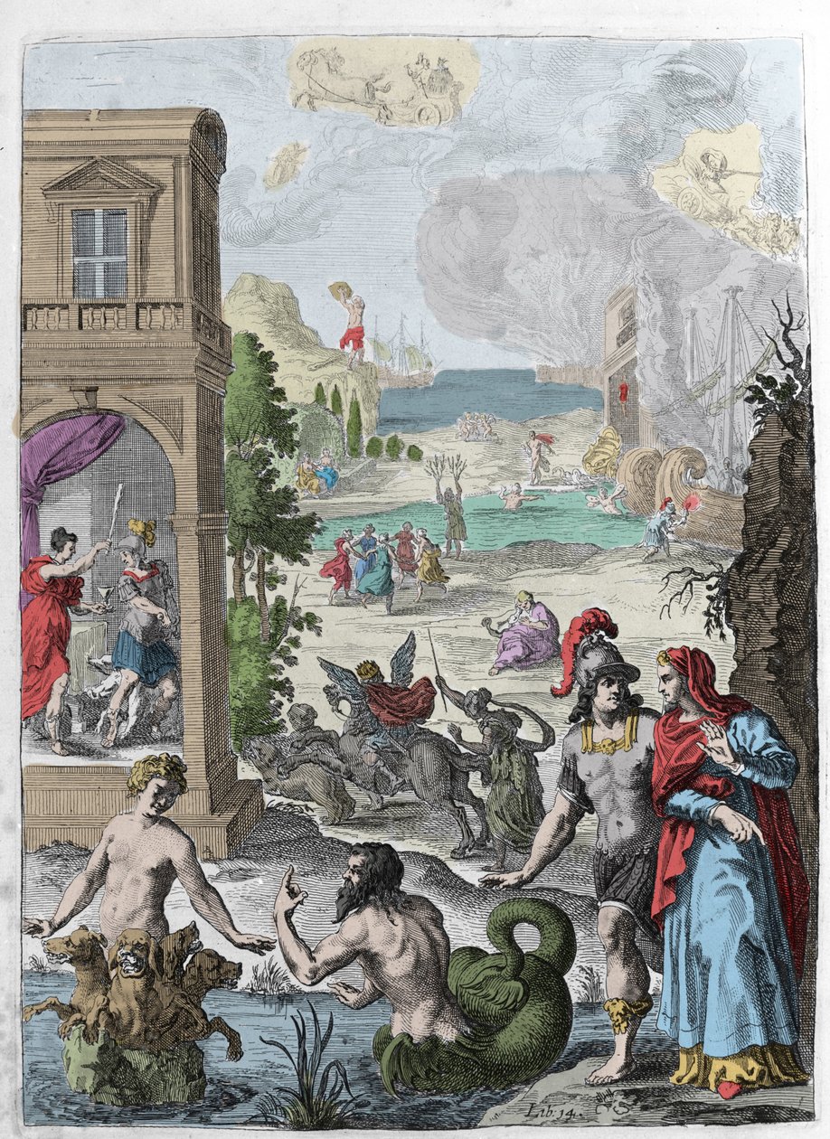 Különböző metamorfózisok, előtérben Scylla és a belé szerelmes Glaukosz tengeri isten, a háttérben Anaxarete felakasztott Iphis-rejetes. Az illusztráció a „Metamorfózisok” (Metamorfosi) XIV. könyvéből származik, Ovide (Kr. e. 43-17). Gravírozás 1 alkotó: Unknown artist