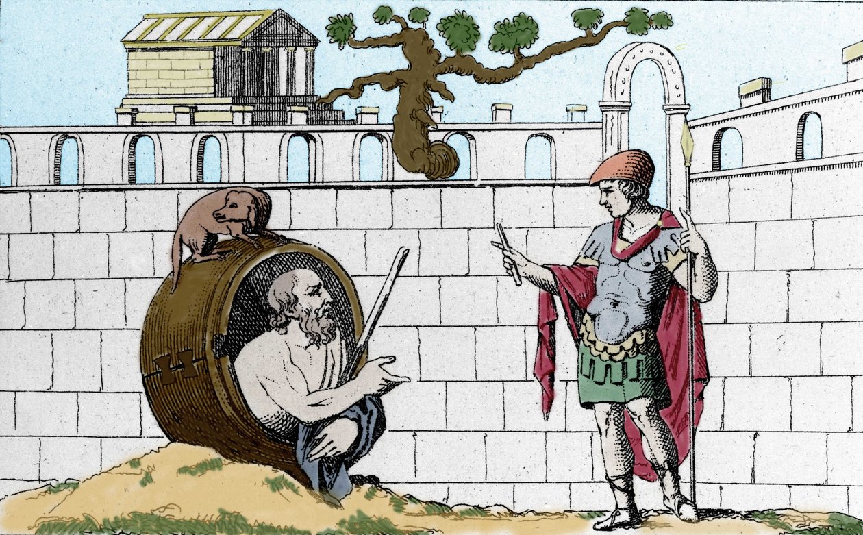 Diogenus, a cinikus (i. e. 413-327), görög filozófus, hordójában azt mondja Nagy Sándornak: „Lásd a napomat”. alkotó: Unknown artist