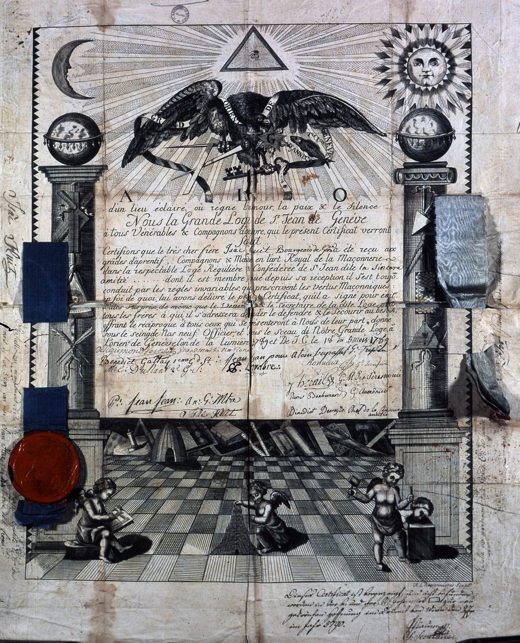 Isaac Huit oklevele, mint társ és mester a királyi kőművesművészetben, amelyet 1789-ben a genfi St-Jean nagypáholy ítélt oda. alkotó: Unknown artist