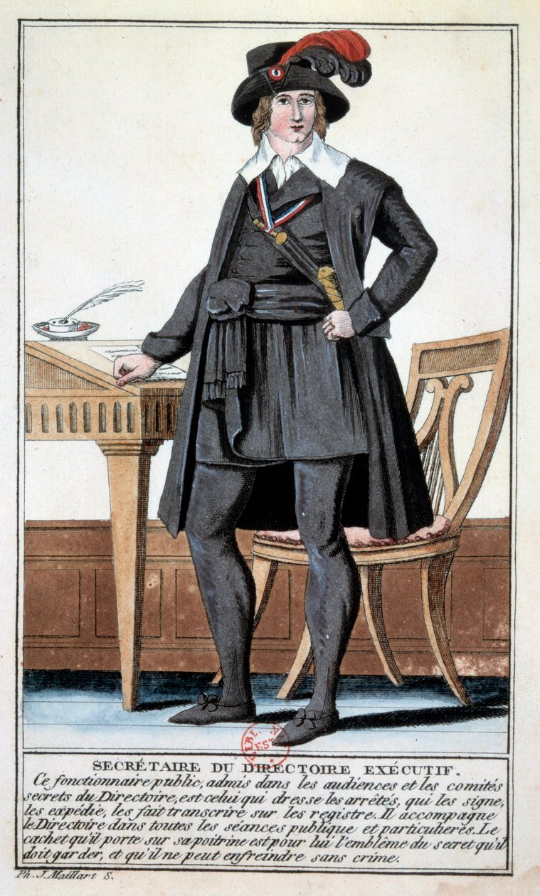 Rendező: jelmez, mint az igazgatóság titkára. Metszet a 18. századból. Paris, B.N. alkotó: Unknown artist