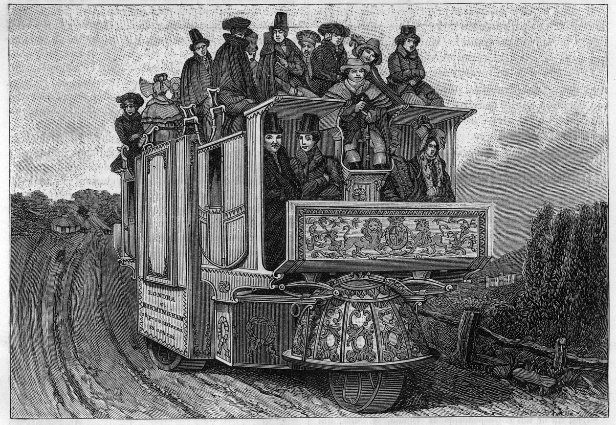 Doctor Ghurch háromkerekű mechanikus autója Birminghamben 1833-ban épült. 19. századi olasz metszet. alkotó: Unknown artist