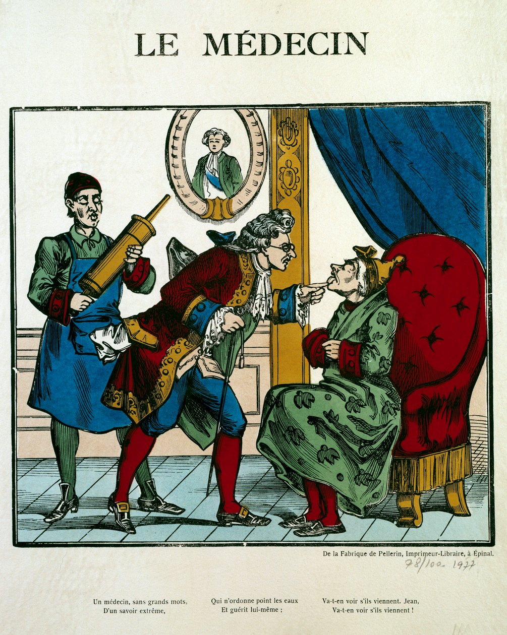 Doctor Scene egy beteget vizsgáló orvost ábrázol, mögötte asszisztense egy clystere-t tart. Metszet a 19. századi Párizsról, B.N. alkotó: Unknown artist
