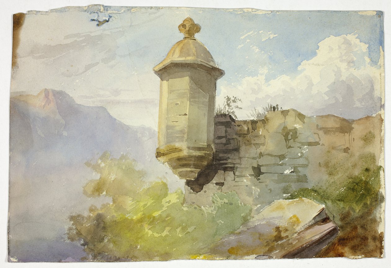 Kupolás kilátó falon hegyvidéki tájban (recto); Hídon átkelő alakok a hegy előtt (verso) alkotó: Unknown artist