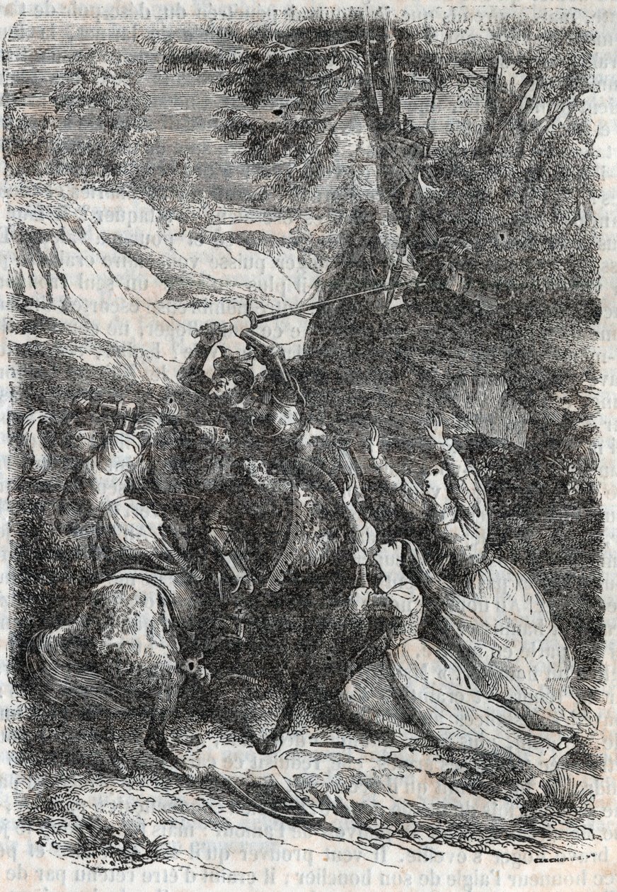 Doralice és Isabelle el akarja választani Mandricardot és Zerbint – 1851-es metszet a „Roland furieux”-tól” alkotó: Unknown artist