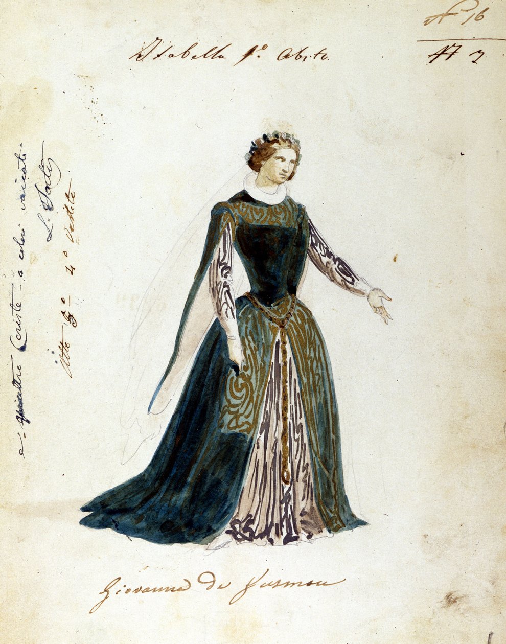 A Giuseppe Verdi által komponált „I vespri siciliani” (Szicíliai vesperás) című opera Isabella karakterének jelmezrajza. Az első előadás opera címe „” Giovanna da Guzman” volt. Névtelen jelmez a Scala Színház számára készült alkotó: Unknown artist