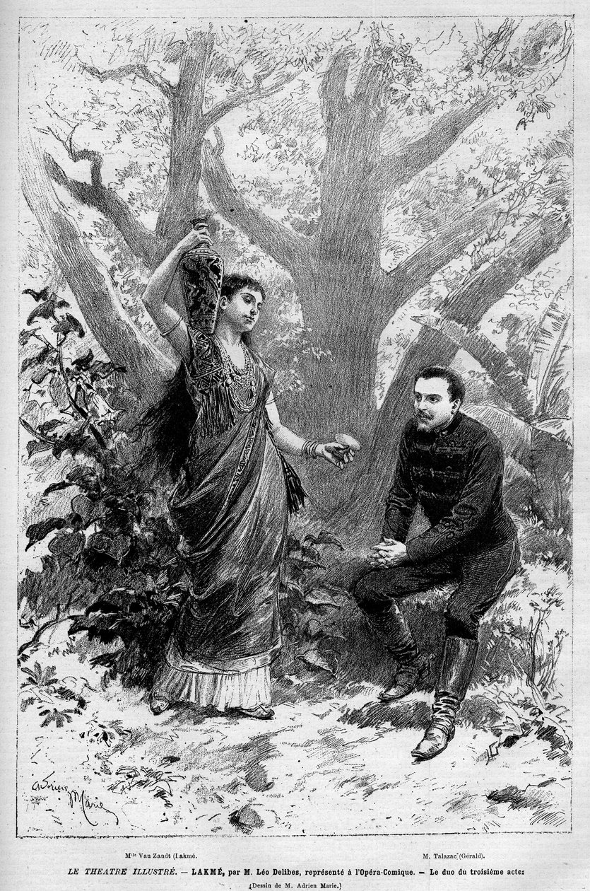 A harmadik felvonás duója Leo Delibes „Lakme” című operájának Marie van Zandt énekesével, Edmond Gondinet és Philippe Gille 1883. április 14-én lépett fel először a párizsi Opera Comique-ban. Metszet a „” Le Monde illustrious”-ban, 1883. Magánkollégium alkotó: Unknown artist