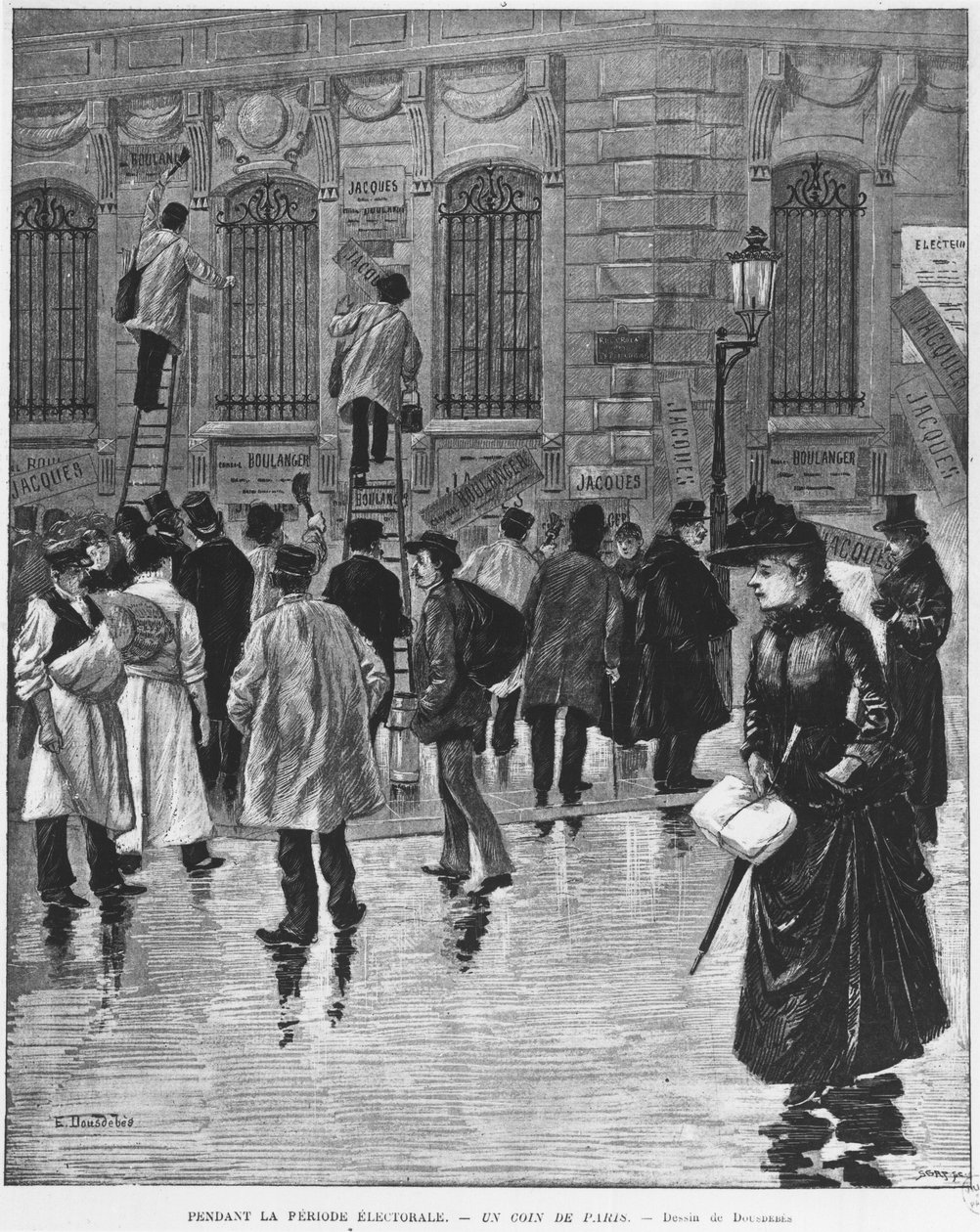 A választási időszakban Párizsban; plakátmatricák az 1889. január 27-i választások során, amelyek a pékségkampányban csúcsosodtak ki - Musee Carnavalet. alkotó: Unknown artist