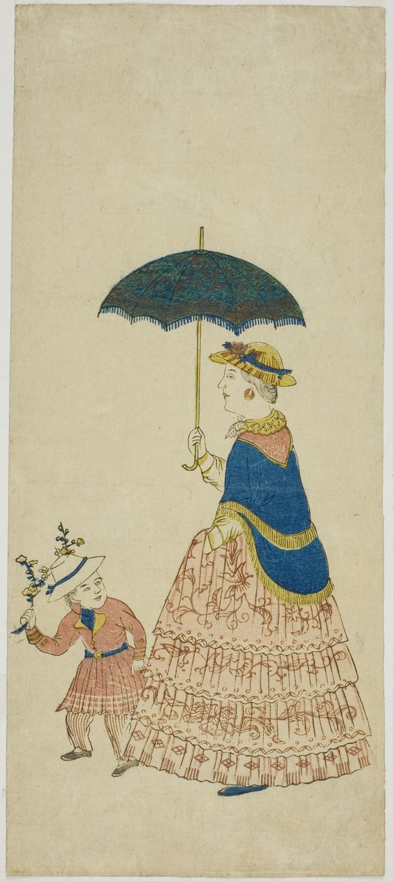 Dutch Lady Carrying Parasol with Little Boy 阿蘭陀婦人と子供 (Orando fujin to kodo mo) alkotó: Unknown artist