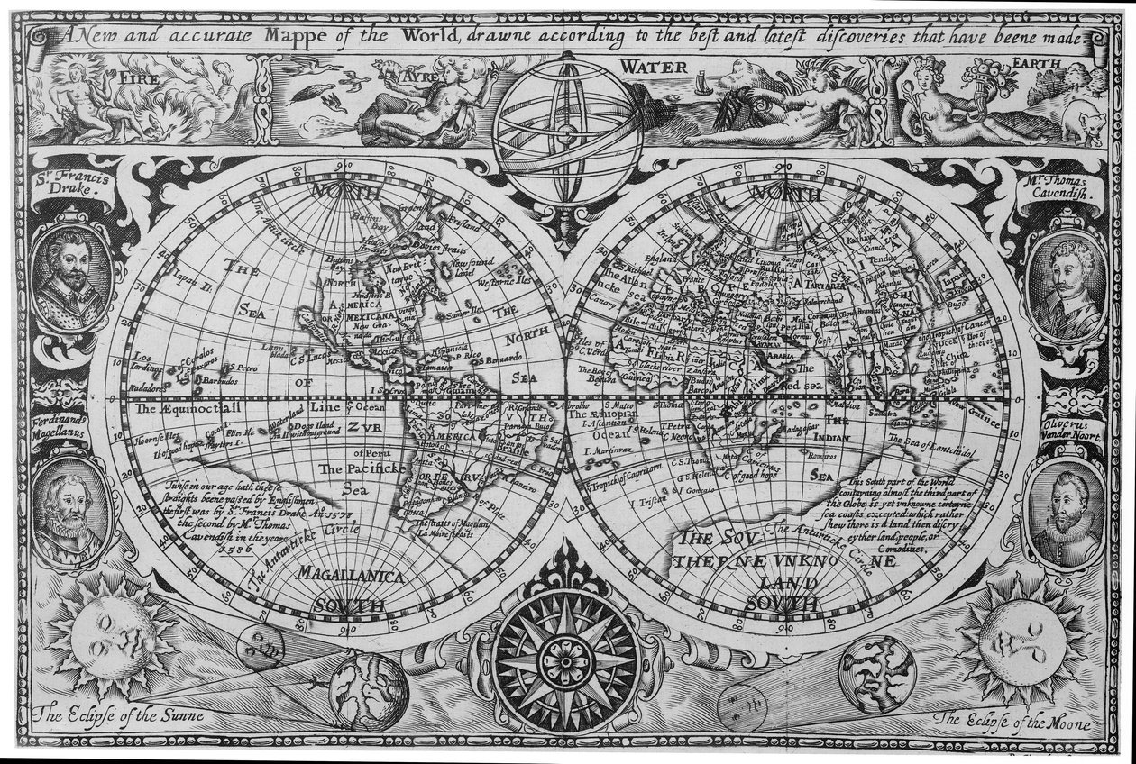 A 17. század eleji világtérkép Mercator nyomán, a felfedezők (Drake, Magellán, Thomas Cavendish és Oliver van der Nort), az elemek és a napfogyatkozások portréival. alkotó: Unknown artist