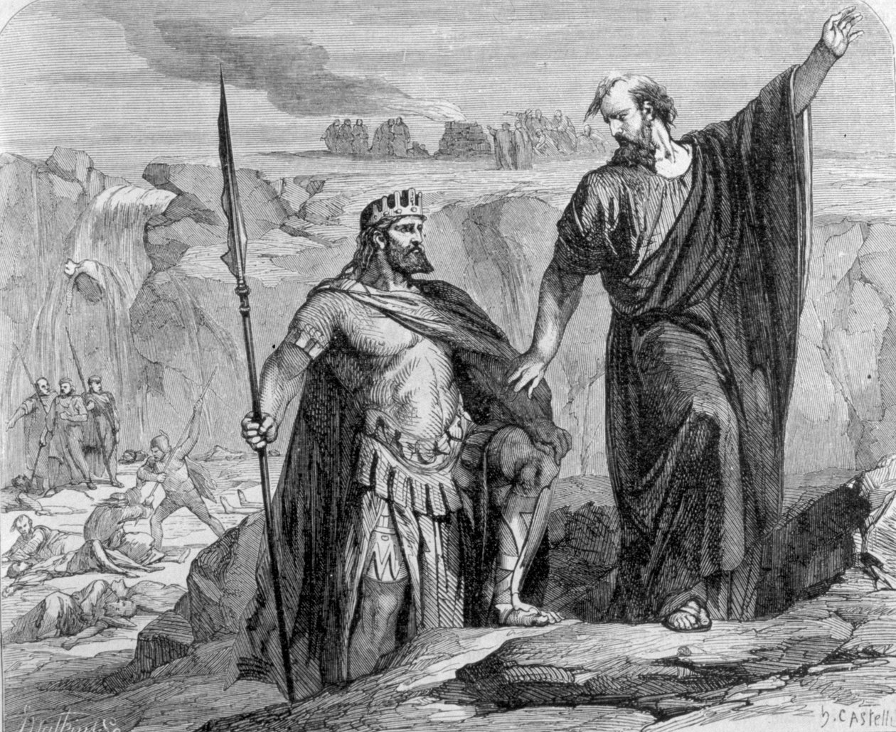 Illés figyelmeztette Akhábot, hogy küszöbön áll az eső. A háttérben Baál (Baal) imádatát látjuk. alkotó: Unknown artist