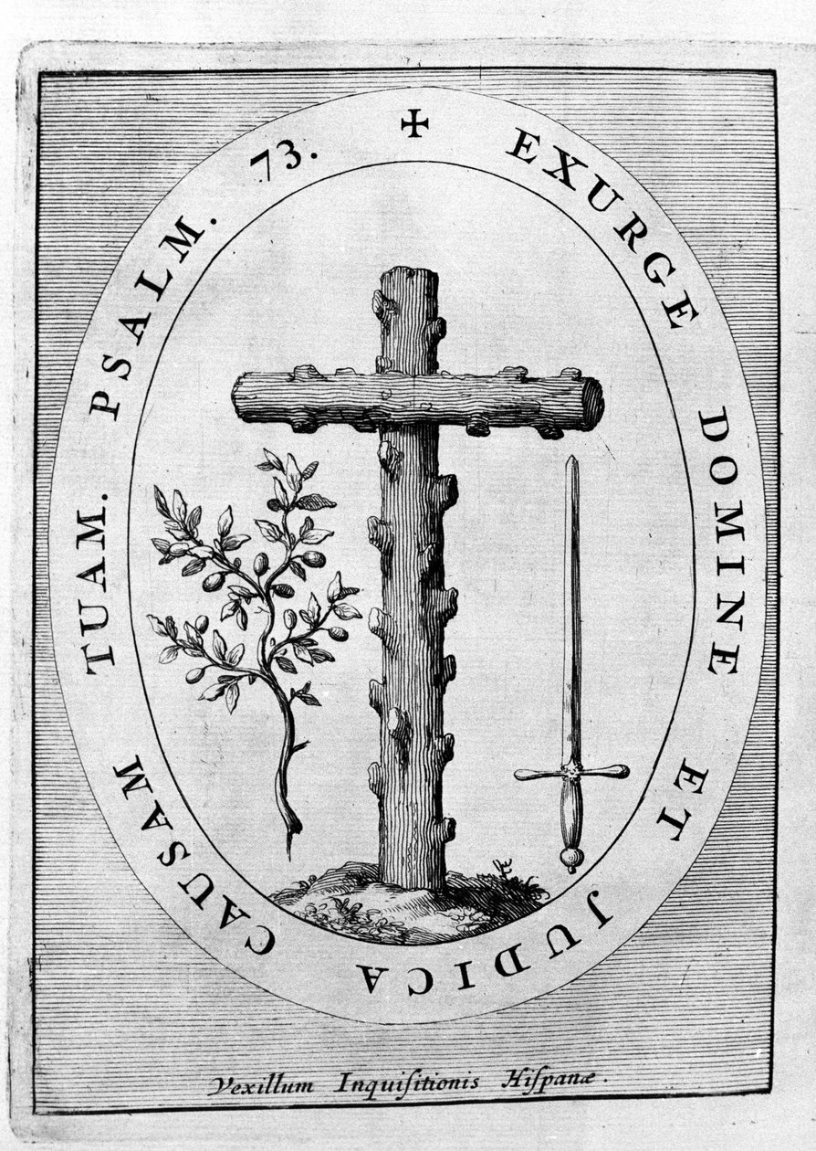 A spanyol inkvizíció jelképe: kereszt, olajág és kard. 17. század alkotó: Unknown artist