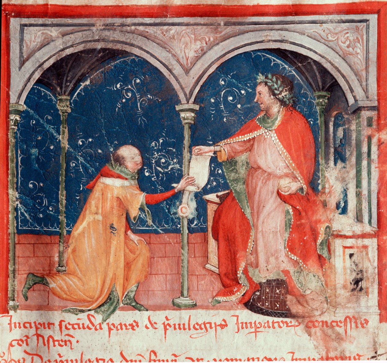 II. Frigyes hohenstaufeni császár (1194-1250) Asti városának kiváltságaiban fogant Miniatűr a „Codex Astensis” (vagy Malabayla) Asti város krónikáiból 1065 és 1353 között. 14. század. Őrizze Asti polgármesterében alkotó: Unknown artist