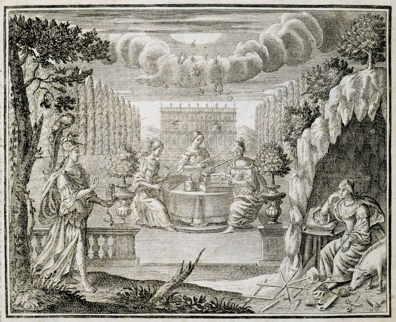 Szövőszéken dolgozó nőket ábrázoló metszet. 18. század eleje. alkotó: Unknown artist