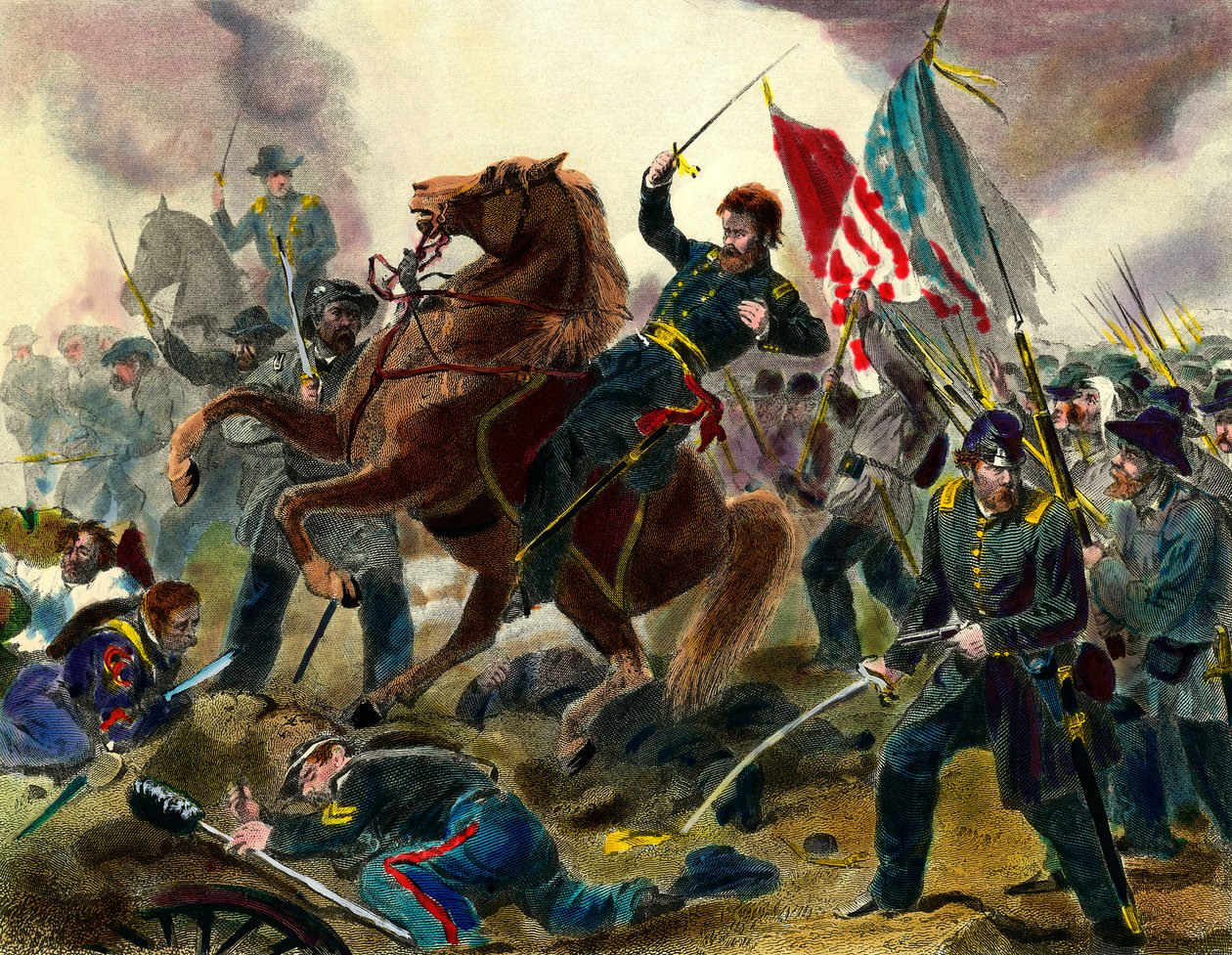A szecessziós háború epizódja (1862-1865) vagy polgárháború az Egyesült Államokban: Ulysses Simpson Grant amerikai tábornok, a Szövetségi Erők (1822-1885) a Konföderációs Államok csapatai elleni csatában. századi Private Collecti metszet alkotó: Unknown artist