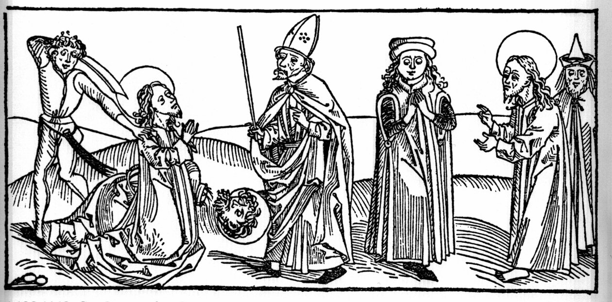 Epizód őrnagy Szent Jakab életéből: Agrippai Heródes, Júdea királya szeme alatt lefejezik a szentet. A Voragine-i Jacobus (James) (1228-1298) metszete a „Leben der Heiligen - sommerteil”-ből (A szent könyve). Lübeck 1488. alkotó: Unknown artist