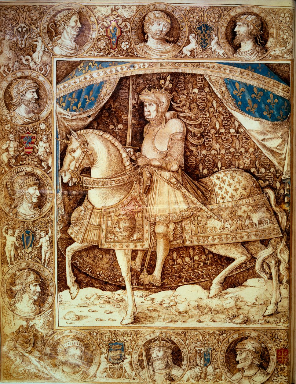 XII. Lajos (1462 - 1515), francia király lovas portréja. Miniatűr a „” krónikákban”, Folio 1v, szerző: Enguerrand de Monstrelet (1390? -1453), v.1510. Párizs BN alkotó: Unknown artist