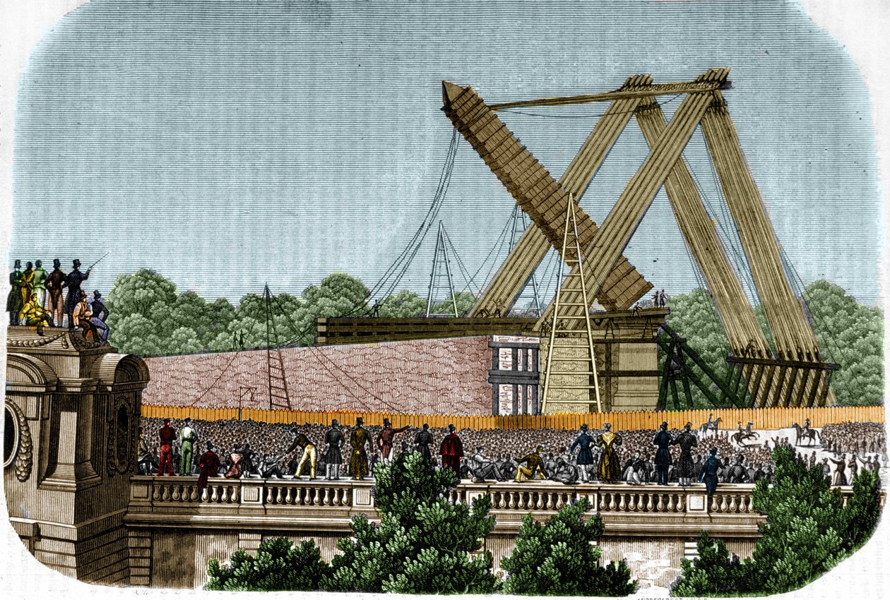 Louqsor (Luxor) obeliszkjének felállítása a Place de la Concorde-on. Párizs, 1836. október 25. alkotó: Unknown artist