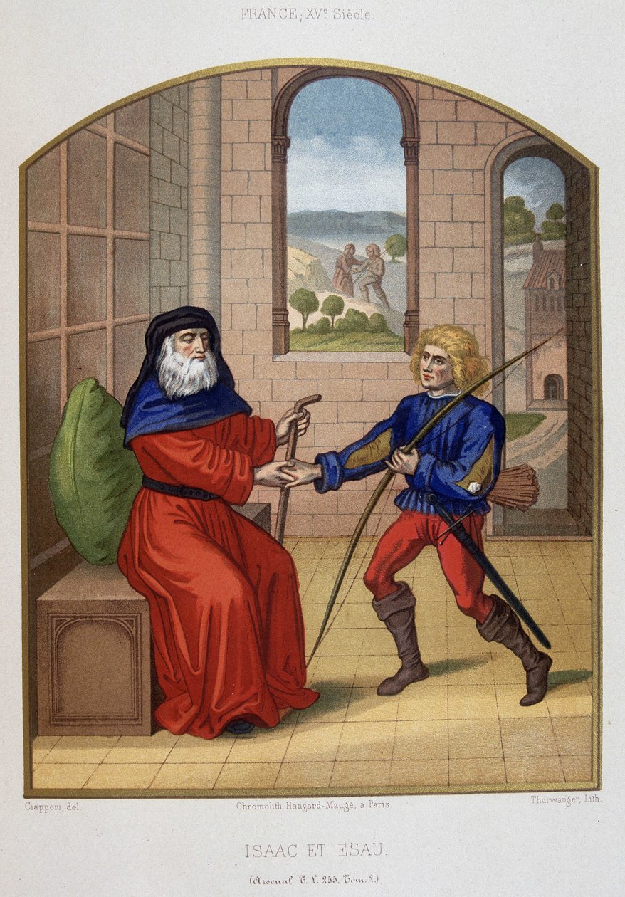 Ézsau a vadászfegyvereivel és apja, Izsák. 19. századi kromolitográfia. alkotó: Unknown artist