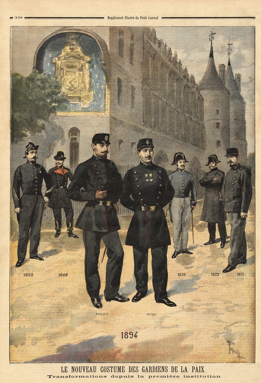A békefenntartók (vagy városi őrmesterek) egyenruháinak fejlődése 1860-tól 1894-ig, a párizsi Concierge óratornya előtt. Metszet „” Le petit journal”” 1894.09. Selva gyűjteménye. alkotó: Unknown artist