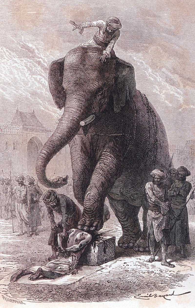 Kivégzés Indiában: bűnözők kivégzése: fejüket egy karnac által vezetett elefánt zúzza szét, metszet 1875 alkotó: Unknown artist