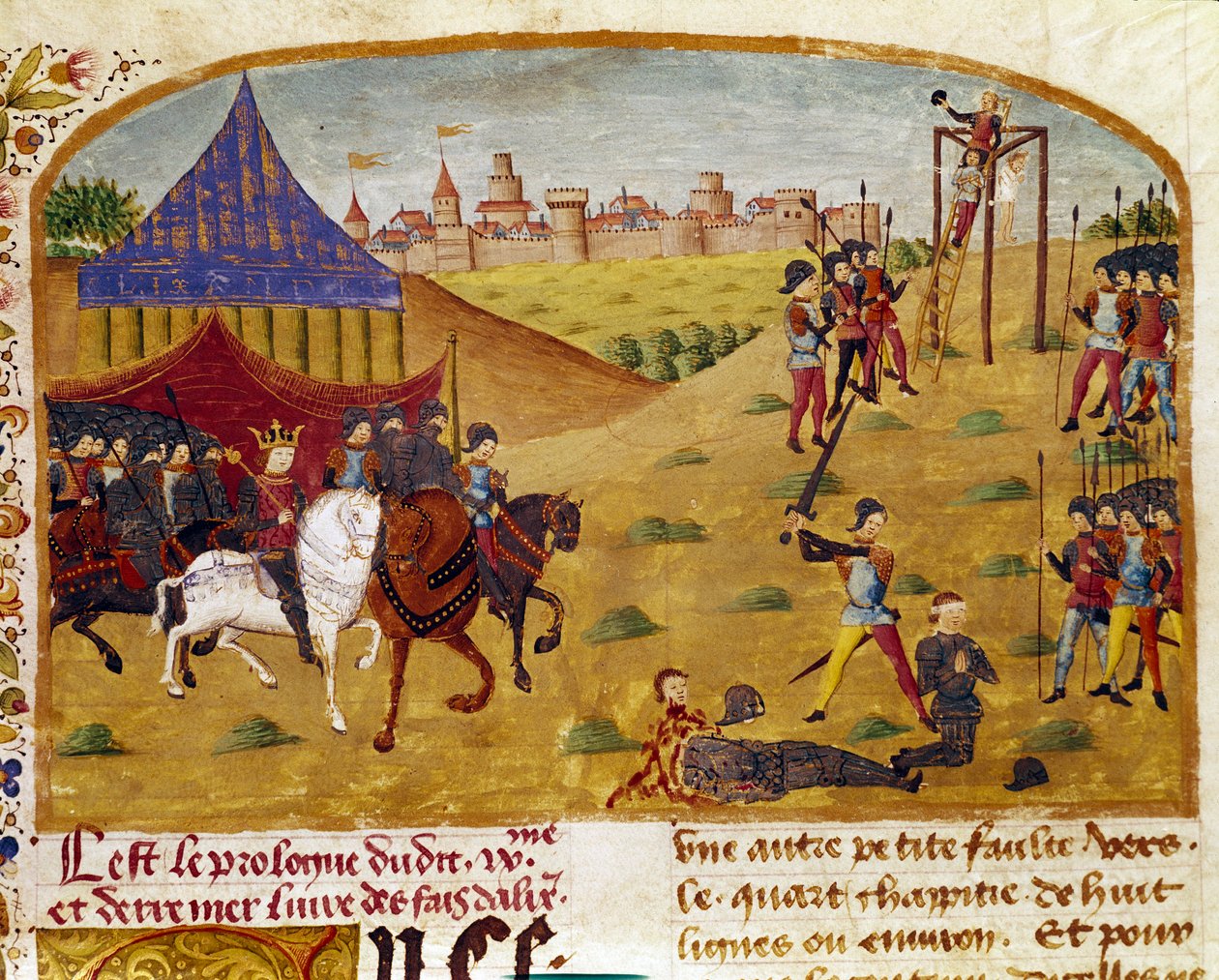 Az árulók kivégzése Miniatűr, amelyet Quintus Curtius Rufus (Quinte Curce) „” Nagy Sándor tények könyvéből” vettek (1. század), 1468 körül. (Ms 1335) Reims. Városi Könyvtár alkotó: Unknown artist