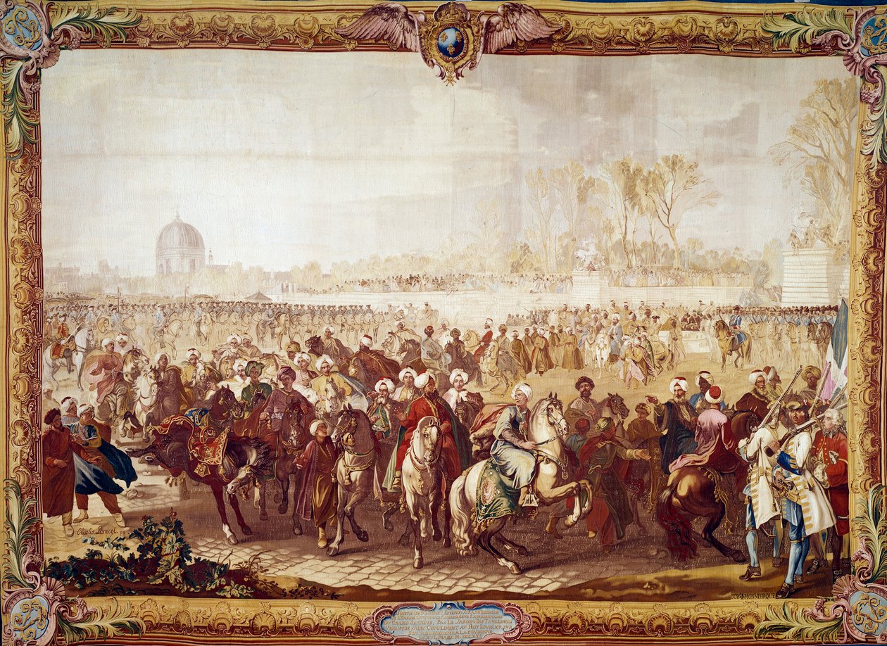 Mehmet Effendi török nagykövet kilépése a Tuileriák kertjéből XV. Lajos király 1721.03.21-i audienciája után XVIII. századi kárpit. Párizs, nemzeti bútorok alkotó: Unknown artist