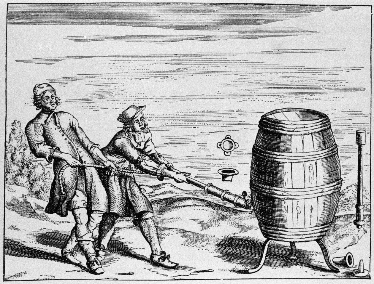 Otto van Guericke német tudós tapasztalata a légköri nyomás kiszámítására. A tányér az Otto von Guericke (Otto de Guericke) "Ottonis de Guericke: Experimenta Nova Magdeburgica de vacuo spatio" című könyvéből alkotó: Unknown artist