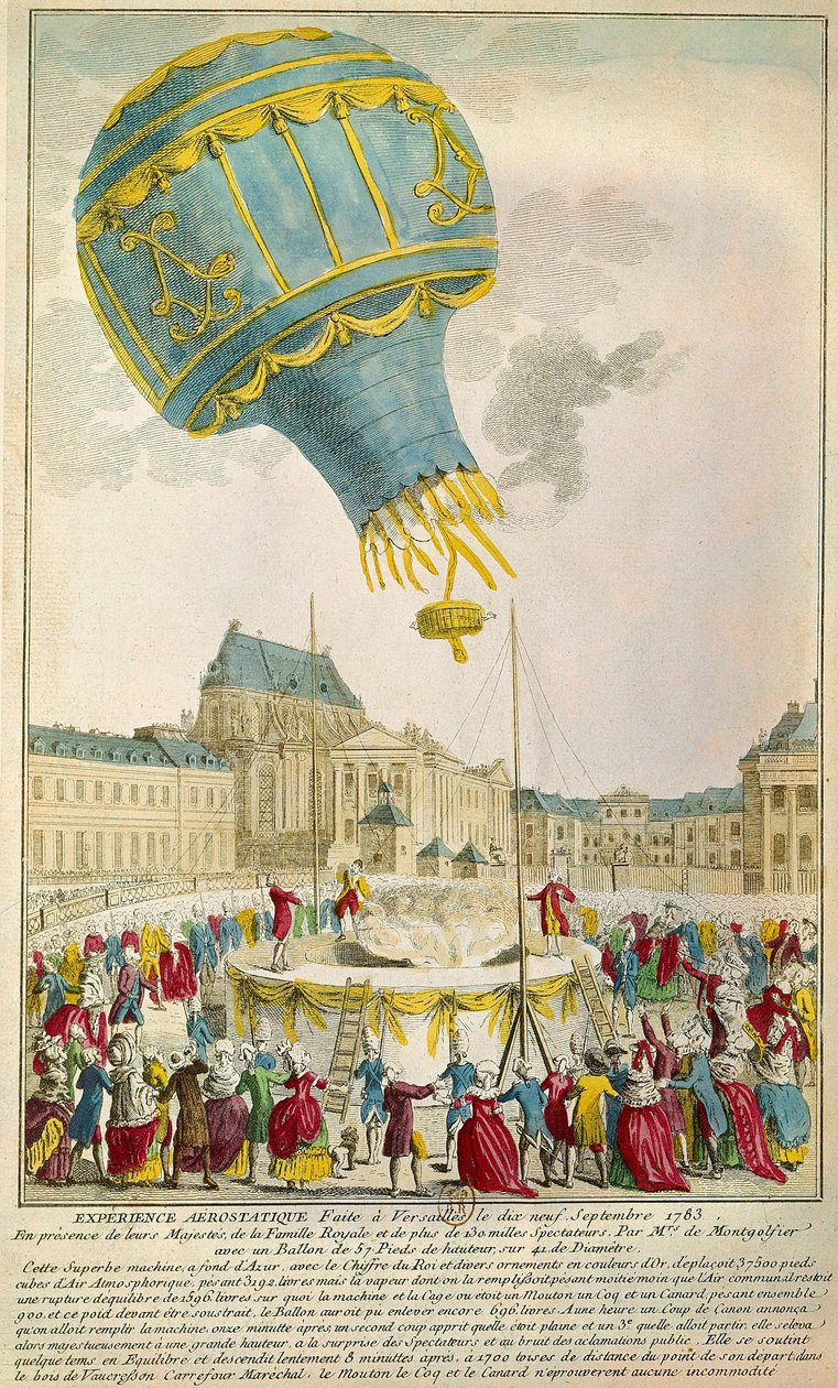 Montgolfier testvérek tapasztalata 1783.09.19-én Versailles-ban Párizsban. B N alkotó: Unknown artist