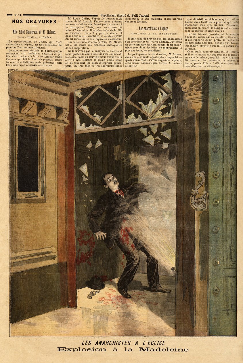 A párizsi La Madeleine templomban történt robbanás, az anarchista bűnöző, az egyetlen áldozat, saját bombájának hatásai vannak. Metszet a „” Le petit journal”-ban 1894.03.26. Selva gyűjteménye. alkotó: Unknown artist