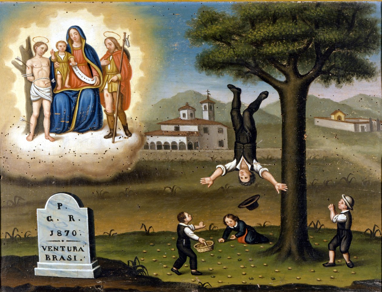 Egy fa esése. Balra fent a Madonna San Sebastian és San Roch között. Ex Voto de 1870. alkotó: Unknown artist