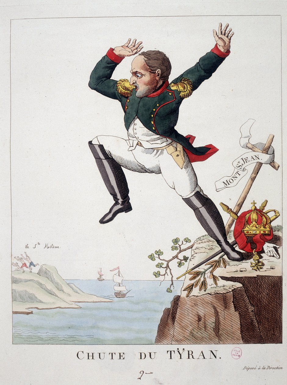 A zsarnok bukása: Napóleon ugrás a Mount St John-ról (A Waterloo-i csata) a St. Helene-szigetre – a „” Napóleon 1st, karikatúrák, próbabábu gyűjtemény” című filmben”, alkotó: Unknown artist