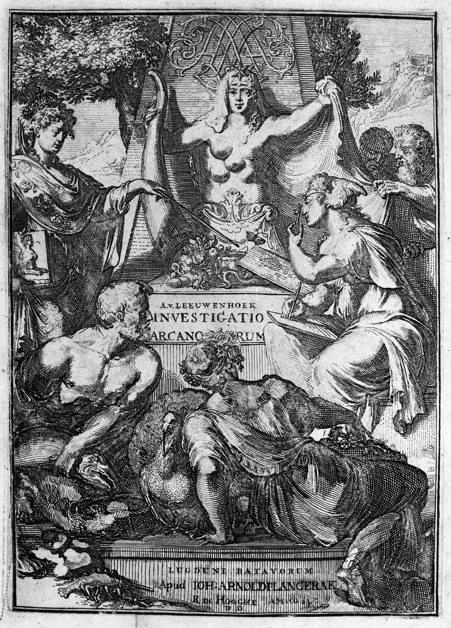 Antoine van Leeuwenhoek (vagy Leeuvenhoek Leeuwenhoeck) (vagy Antoni vagy Anthonie) (1632-1723) holland kereskedő és tudós „Investigato Arcanorum” című művének hamis címe, 1722. alkotó: Unknown artist