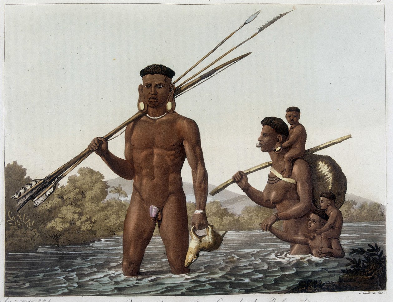 Botocudos indiánok családja, akik a vadászatról visszatértek, és átkeltek a Rio Grande folyón a paraguayi Belmonte városába. Ferrario 1818-1820 című filmjében: „A régi és modern viselet”. alkotó: Unknown artist