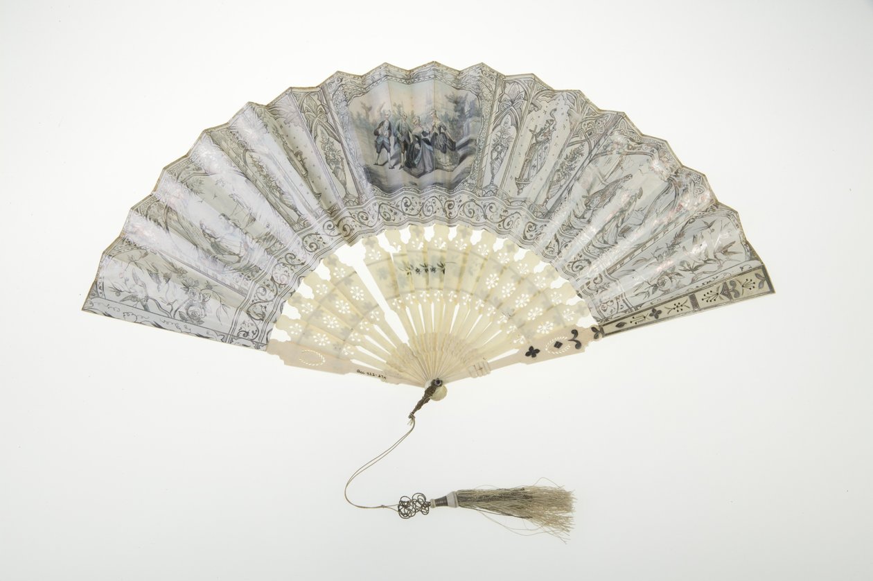 Legyező, 1850 körül, Festett papír, csont, ezüst és selyem-fémszálú bojt, gyártó ismeretlen alkotó: Unknown artist