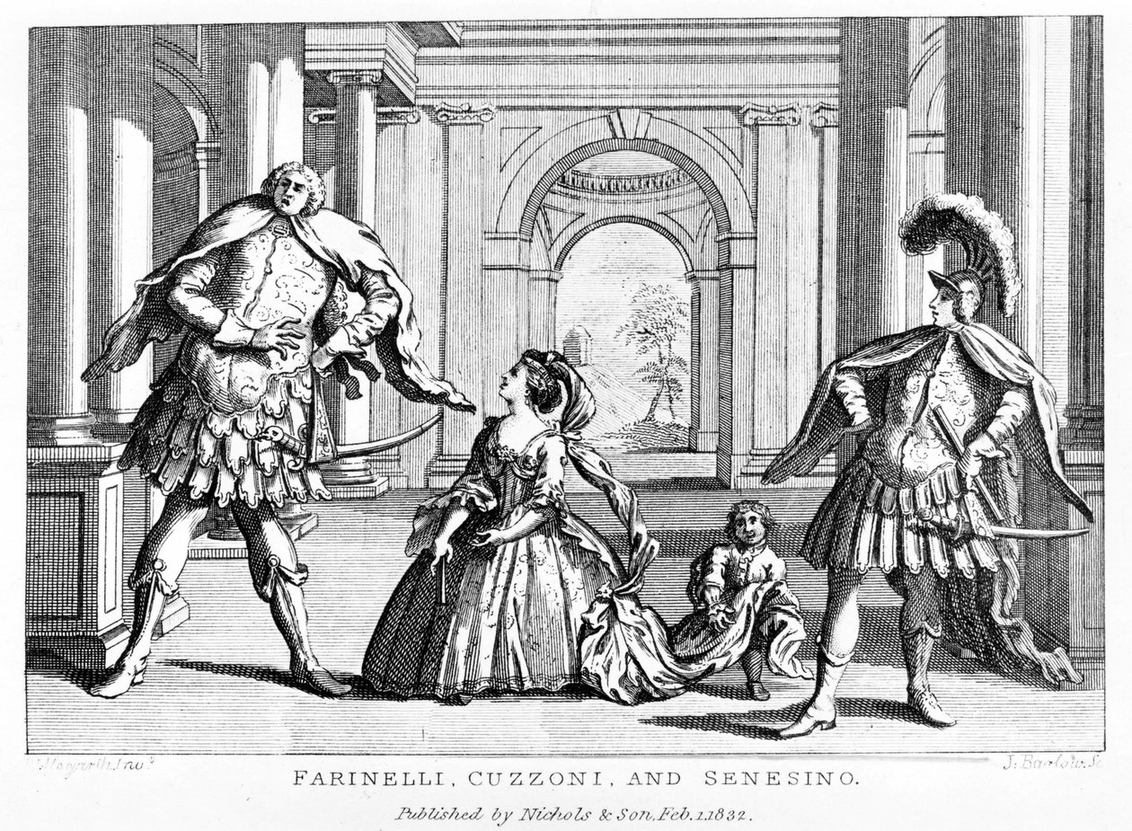 Farinelli (Carlo Broschi, 1705-1782) Cuzzoni szopránnal és Francesco Bernardo Senesino kasztrált személyével (1680-1750) George Frederick Handel (Georg Friedrich Handel) operájában alkotó: Unknown artist