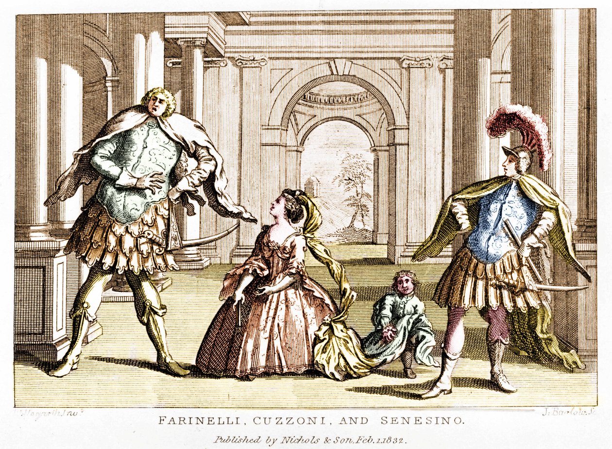 Farinelli (Carlo Broschi, 1705-1782) a szoprán Cuzzonival és a kasztrált Francesco Bernardo Senesino-val (1680-1750) George Frederick Handel (Georg Friedrich Handel) operájában alkotó: Unknown artist