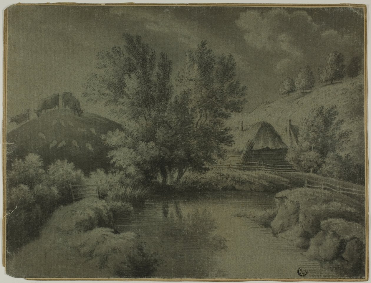 Farm tóval az előtérben, a dombon legelő tehenek alkotó: Unknown artist