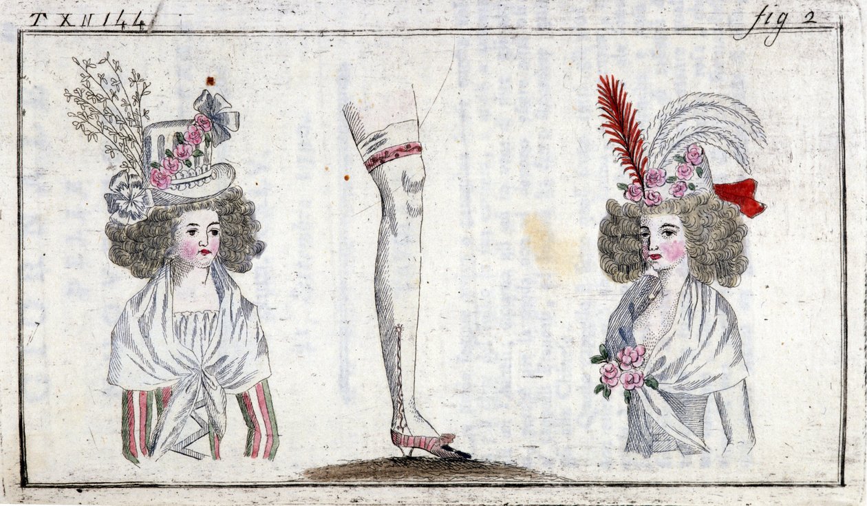 18. századi divat: női frizura és harisnyakötő 1788 körül. alkotó: Unknown artist