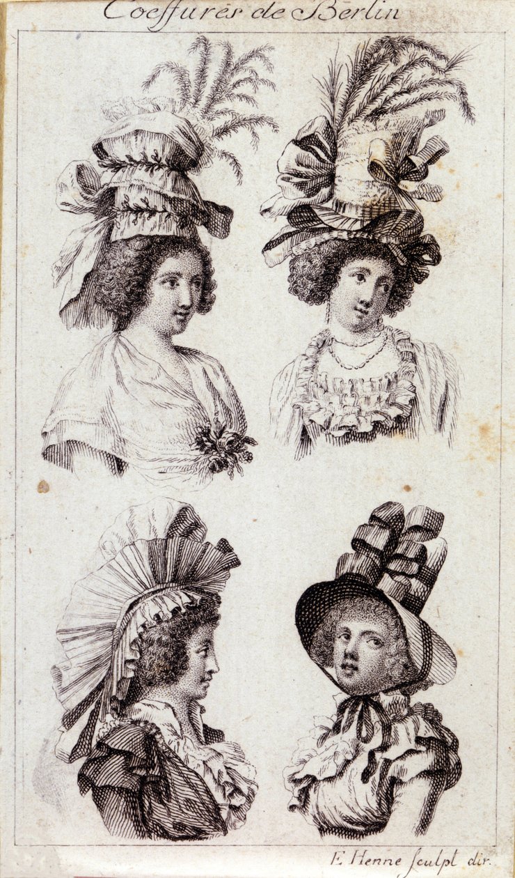 18. századi divat: a berlini nők kalapja. Metszet 1793-ból. alkotó: Unknown artist