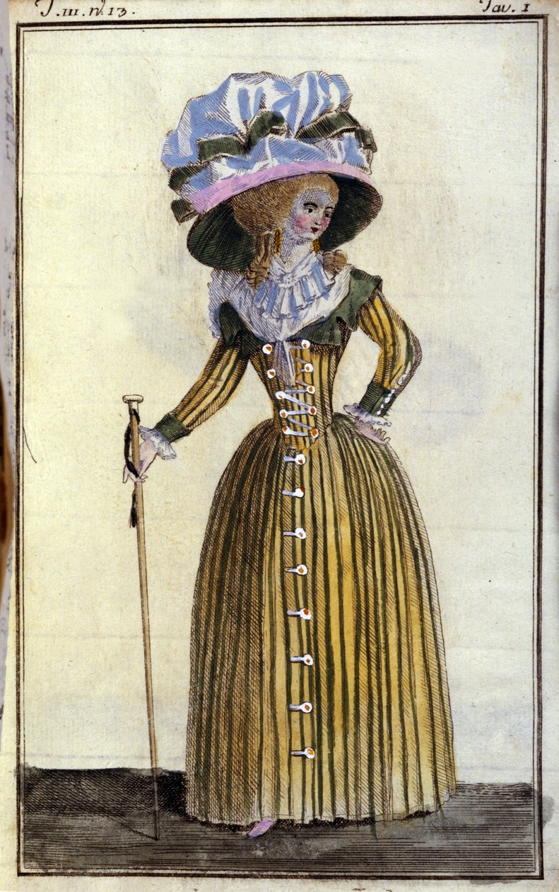 Divat: elegáns fiatal nő bottal. 1787 alkotó: Unknown artist