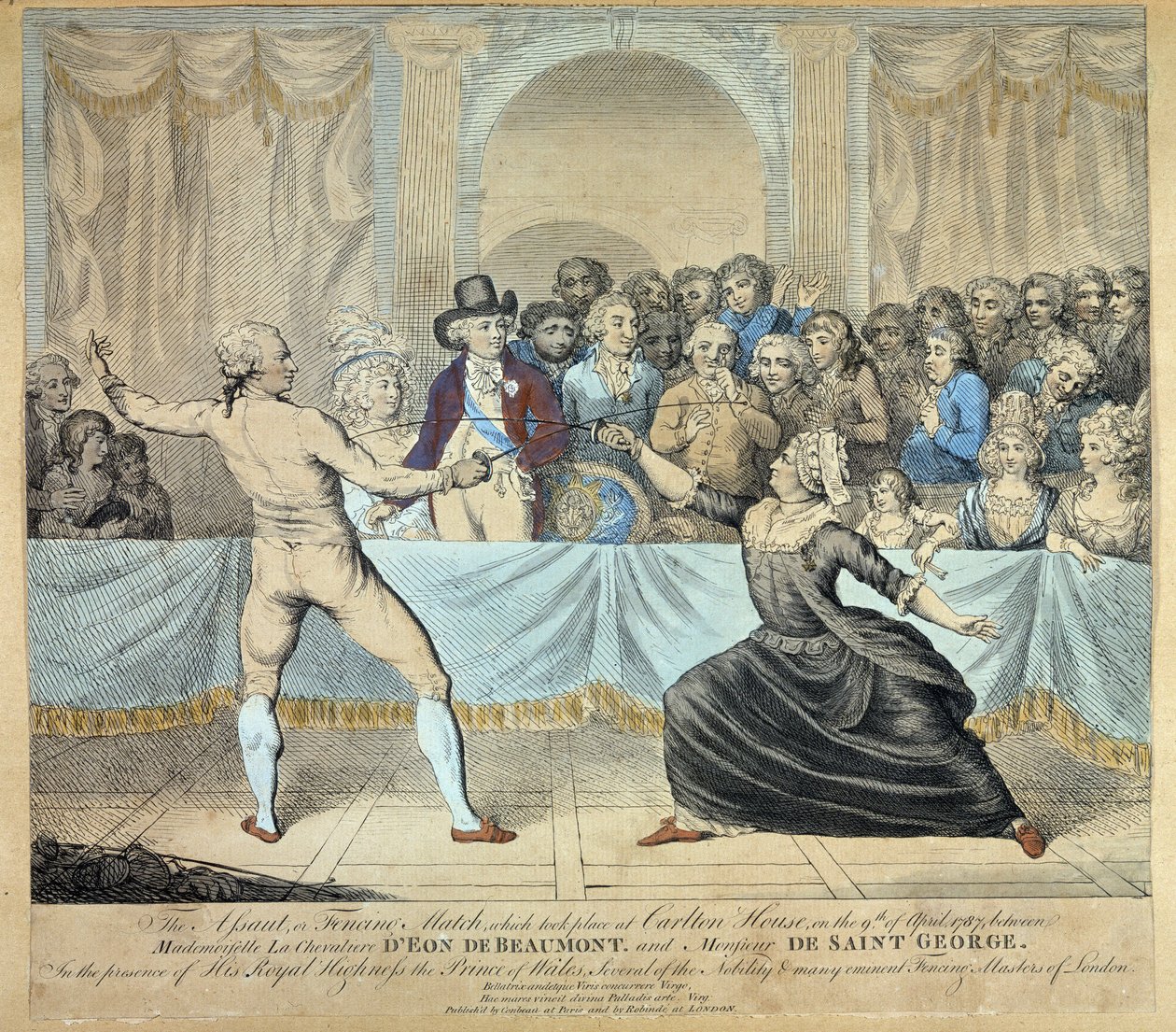 Vívócsata Eon de Beaumont lovagja és Monsieur de Saint George között, 1787. április 9. Metszet alkotó: Unknown artist
